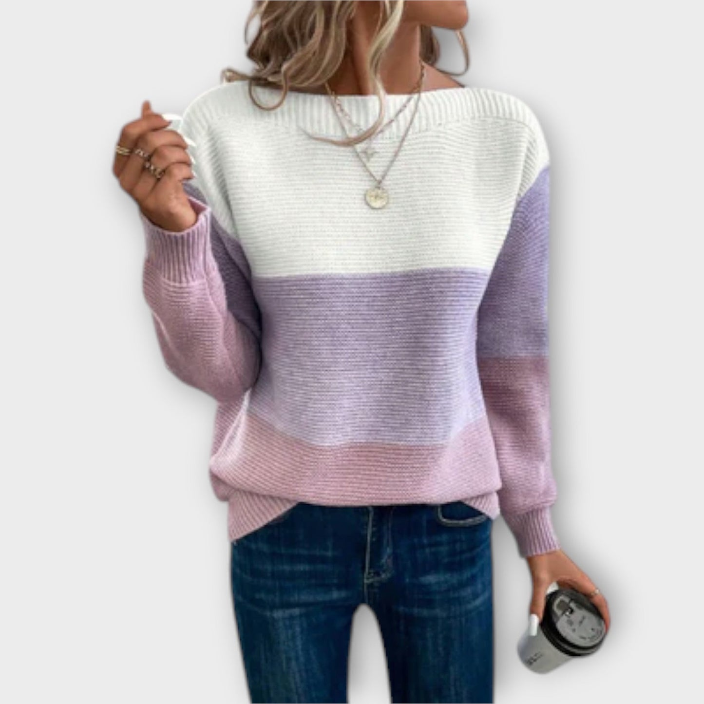 Clara - Elegancki, trójkolorowy sweter patchworkowy