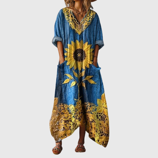 Janina - Maxi Sukienka z Kolorowym Wzorem