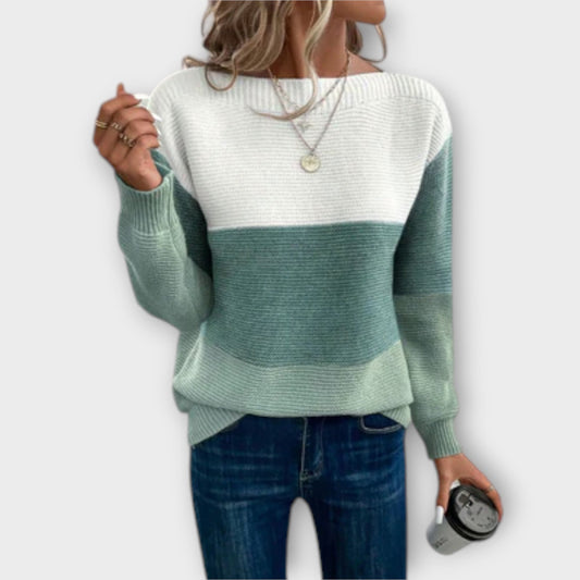 Clara - Elegancki, trójkolorowy sweter patchworkowy