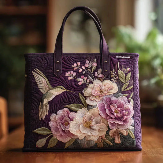 Fioletowa pikowana torba z motywem kolibrów i orchidei