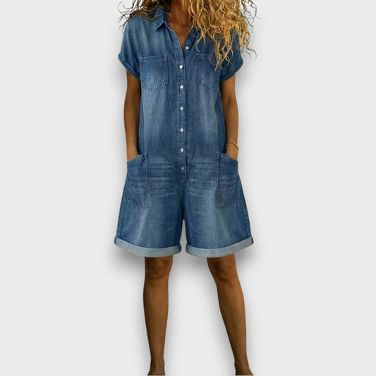 Klara - Krótki vintage kombinezon bawełnowy z efektem denimu